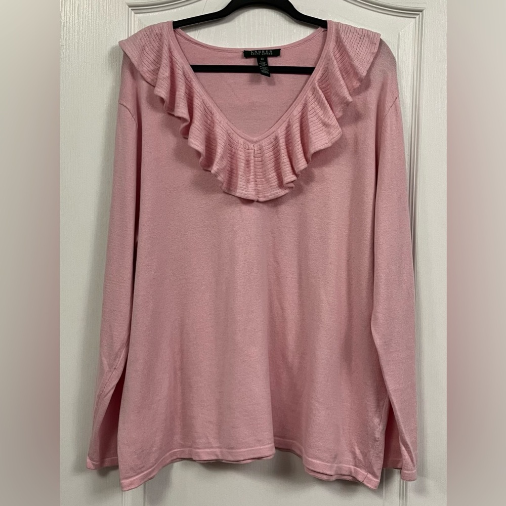 Lauren Ralph Lauren Silk/Cashmere/Cotton Blend Pink Ruffled V-Neck Sweater 3X